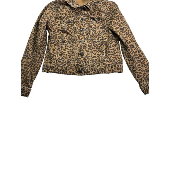 Time & Tru Womens Leopard Print Denim Jacket Size S Cropped Brown Black - Picture 3 of 6